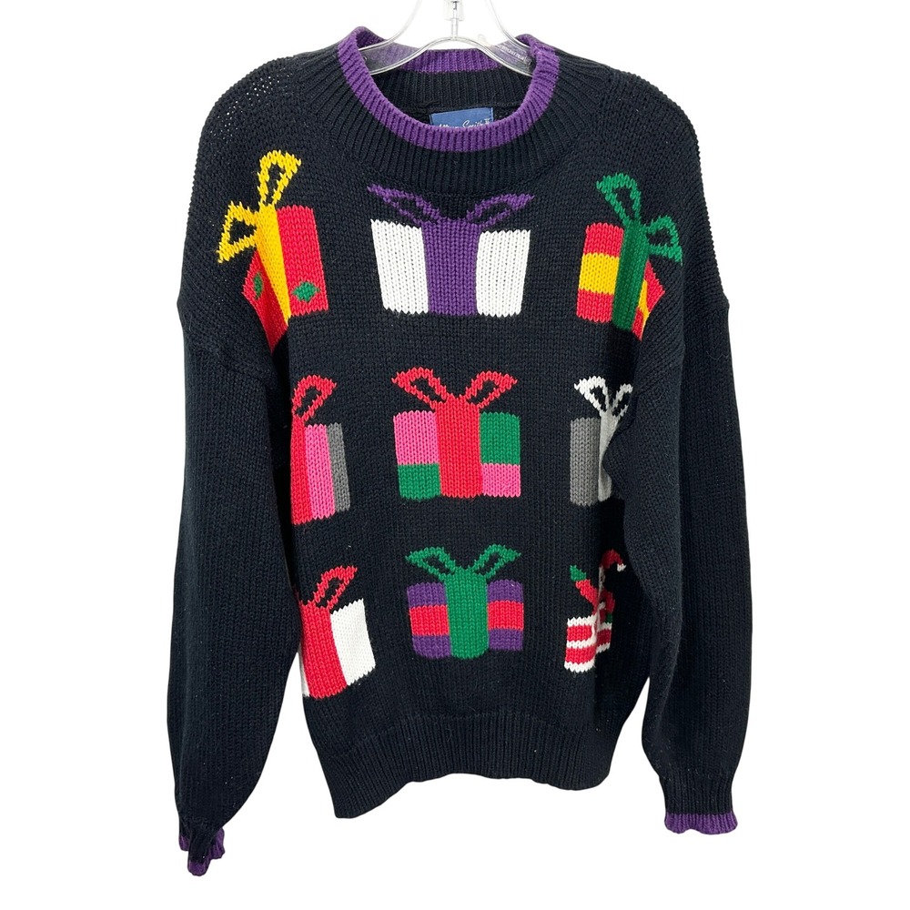 Allison Smith Plus Sz 22W Christmas Sweater Presents Black Novelty Ugly VTG 1156